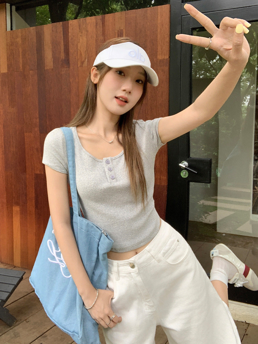 U-Neck Button Slim Fit Women Summer T-Shirt 2026