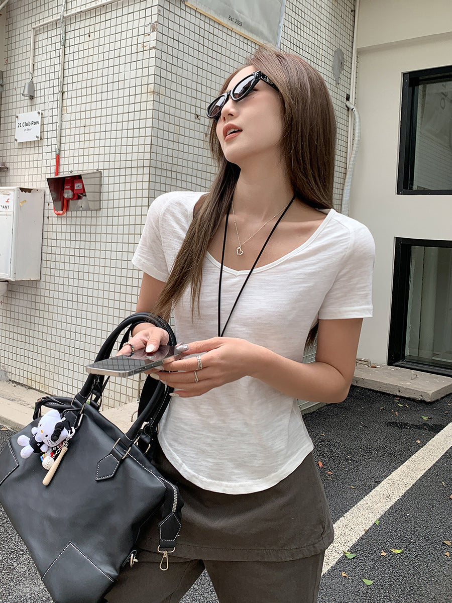 White V-Neck Slim Fit Women Summer T-Shirt 2025
