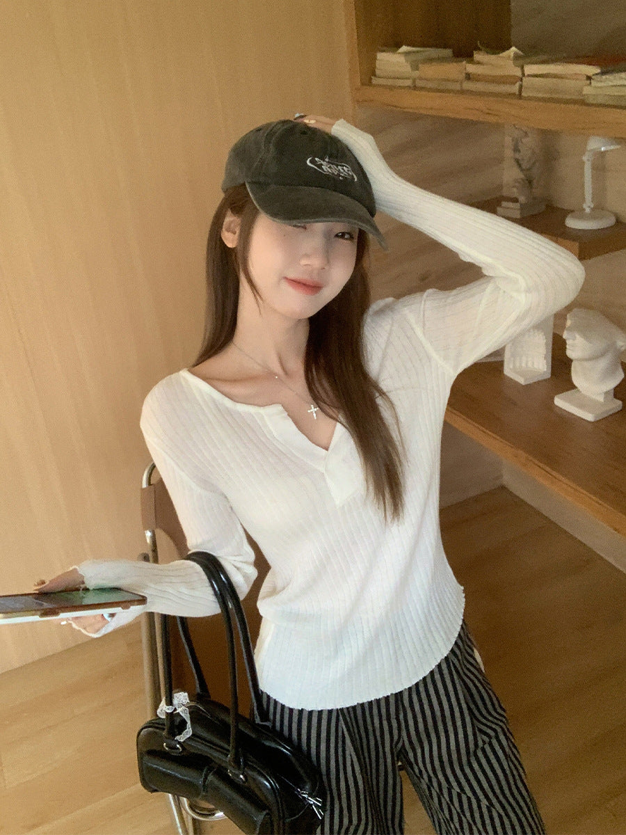 White V-Neck Knit Women Sun Protection Top 2026