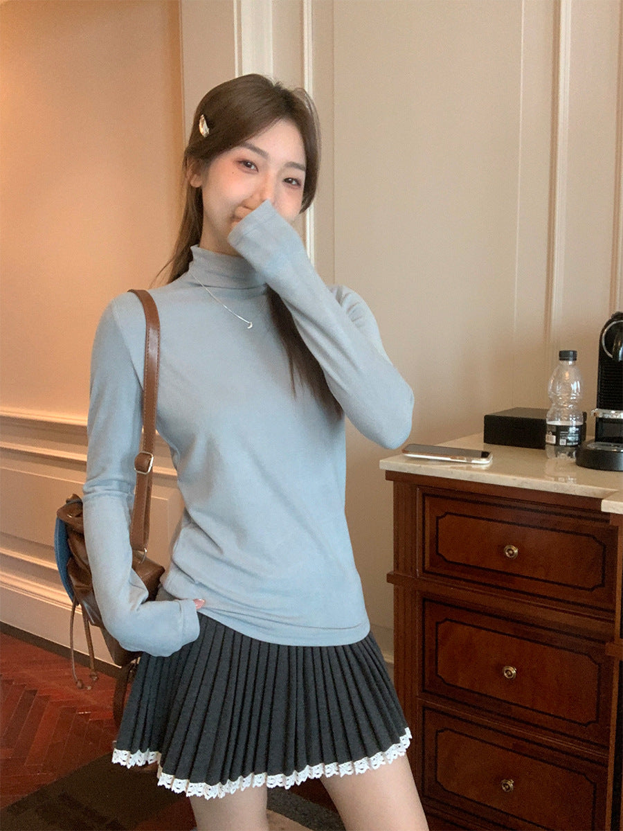 Blue Fleece Half Turtleneck Women Winter Slim Top