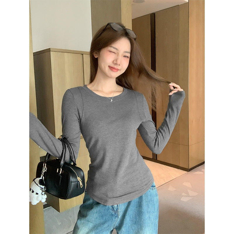 Grey Fleece Round Neck Women Winter Slim Top 2026
