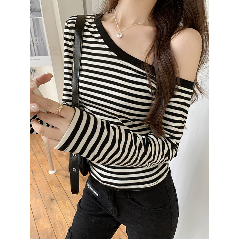 Striped Shoulder Slim Fit Long Sleeve Women Autumn Top