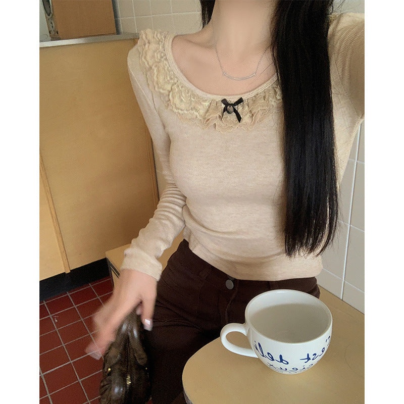 Oatmeal U-Neck Lace Slim Fit Women Spring Top