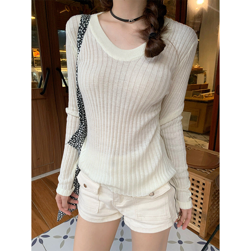 White V-Neck Knitted Slim Fit Women Autumn Top