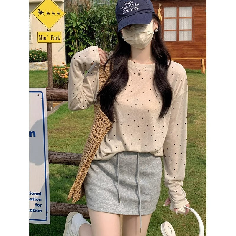 Apricot Polka Dot Loose Long Sleeve Women Summer Top