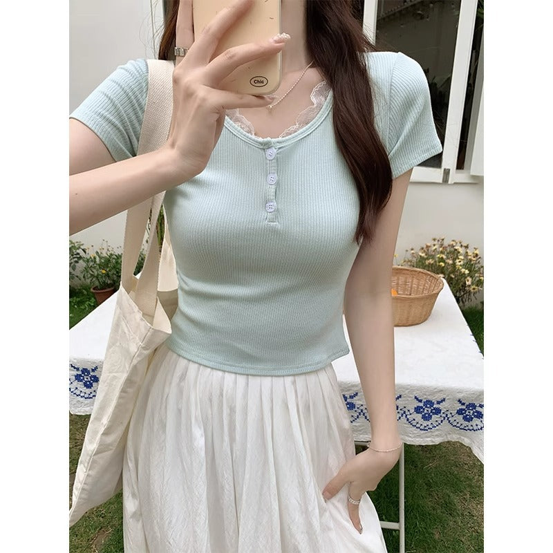 Korean Lace Slim Fit Short Sleeve Women Summer Top