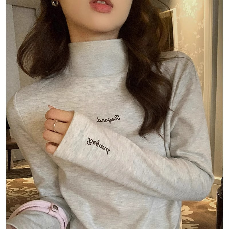 Floral Gray Fleece-Lined Half Turtleneck T-Shirt