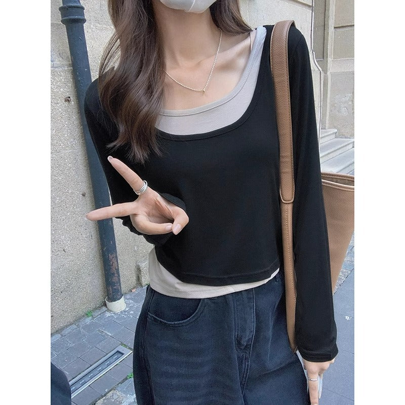 Women Fake Two-Piece Slim Fit Long Sleeve Top