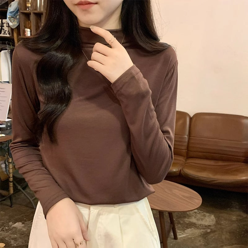 Women Maillard Velvet Half Turtleneck Slim Top