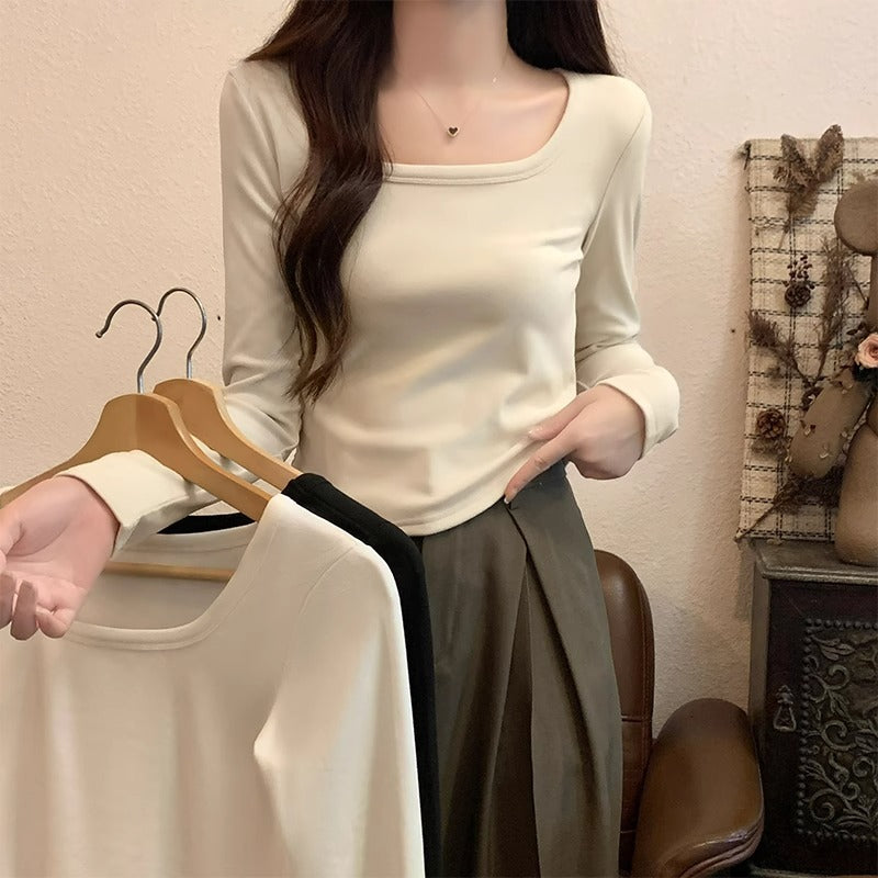 Women Velvet Square Neck Slim Fit Long Sleeve Top