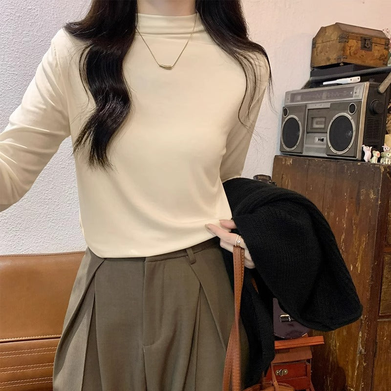 Women French Style Fleece Half Turtleneck Slim Top