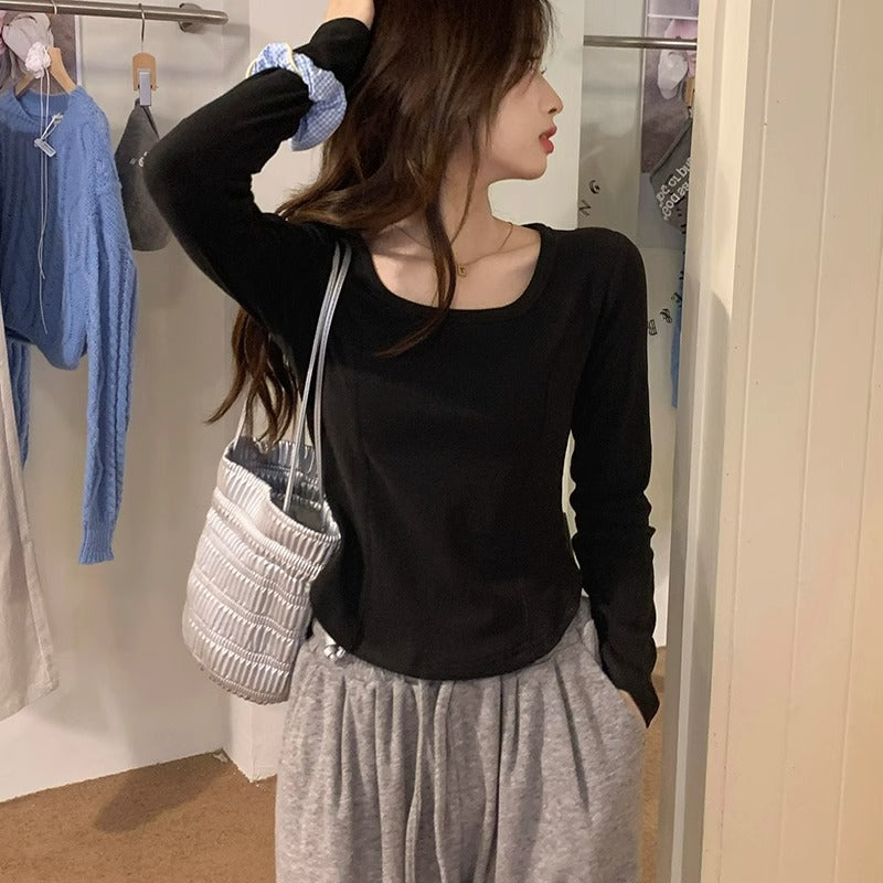 Women Velvet Square Collar Waist Slim Long Sleeve Top