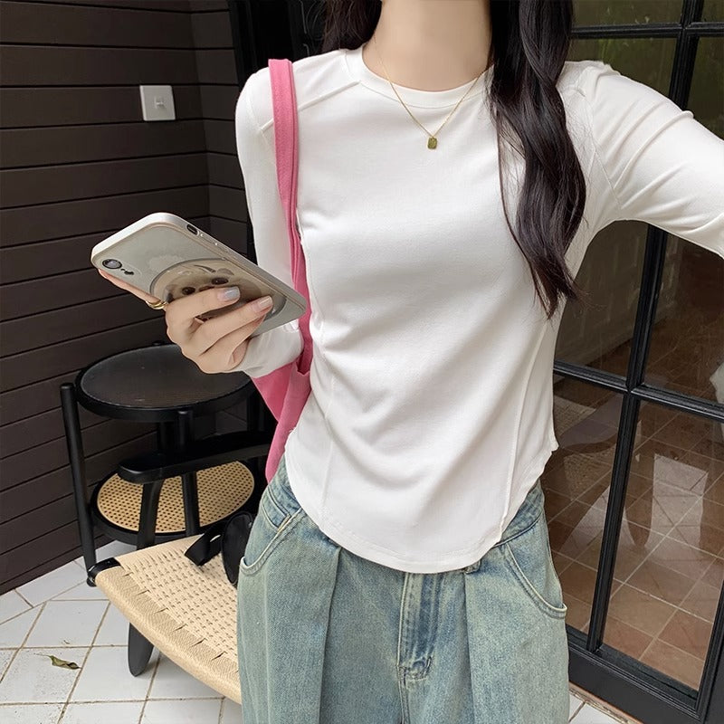 Women White Irregular Hem Slim Fit Long Sleeve Top