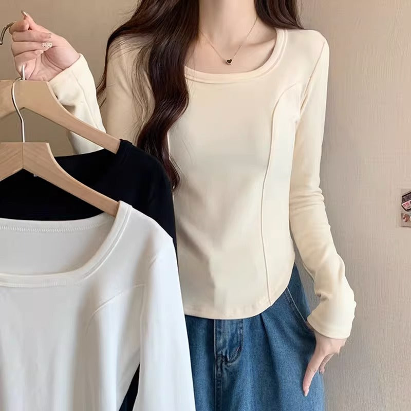Women Fishbone Square Neck Slim Long Sleeve Top