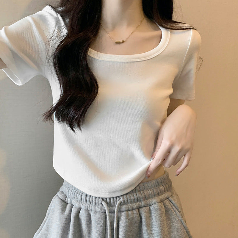 Women Solid Round Neck Slim Curved Hem T-Shirt