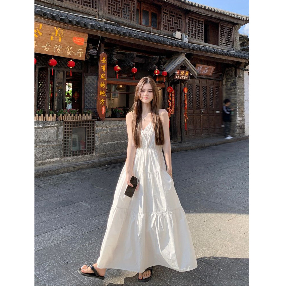 White Sling Midi Dress for Women Summer Holiday