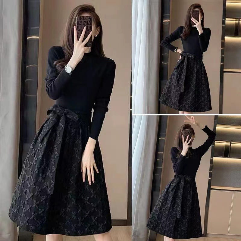 Hepburn Style Black Midi Dress for Women Autumn