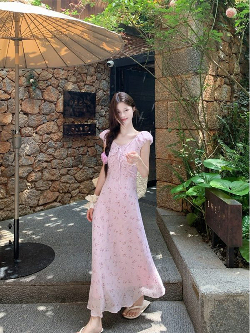 French V Neck Floral Midi Dress for Women Summer