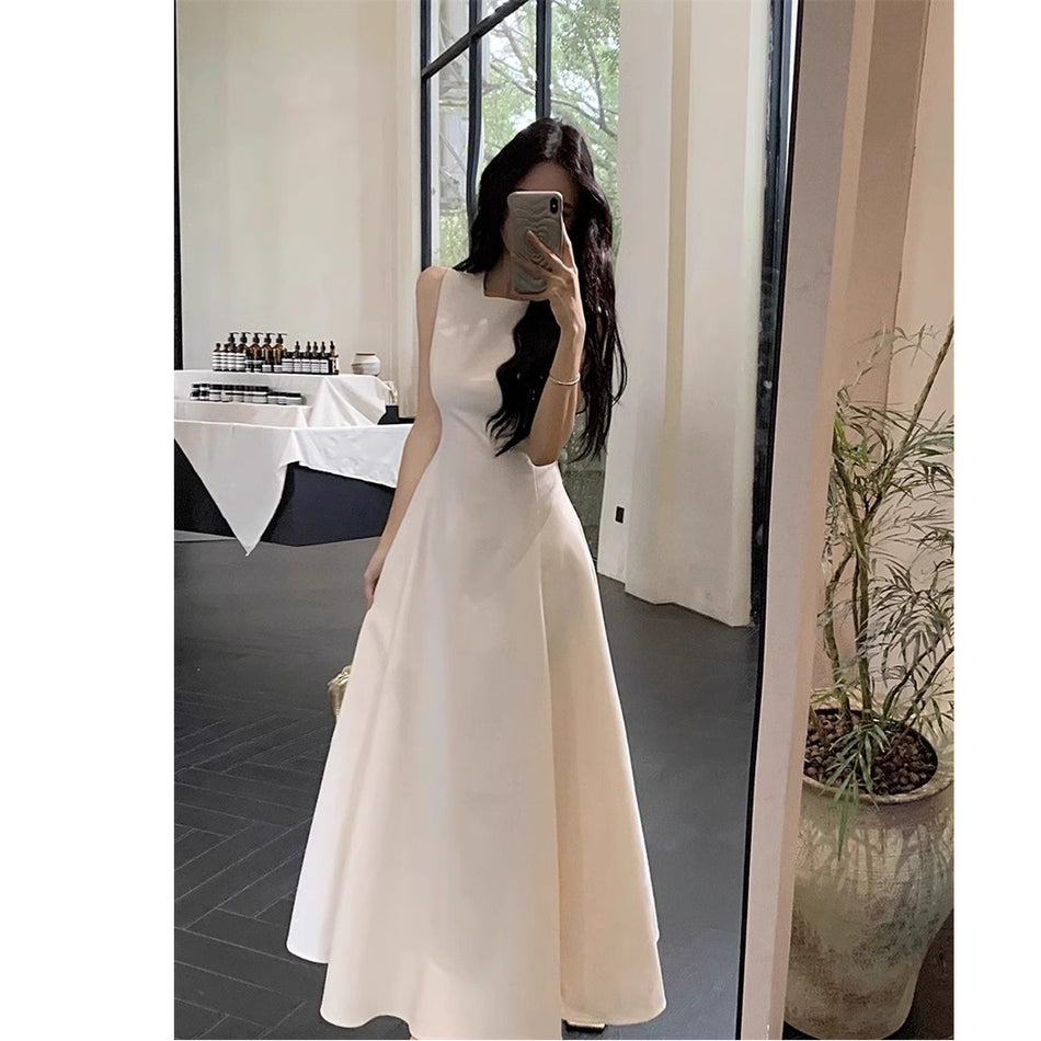 French Style White Sleeveless Maxi Dress for Women