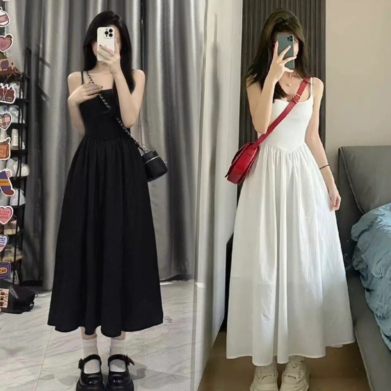 French Style Slim Waist Sling A-Line Dress for Women