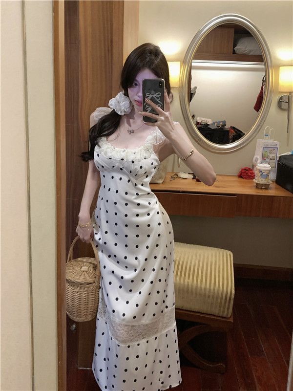 Lace Backless Polka Dot Suspender Dress for Women