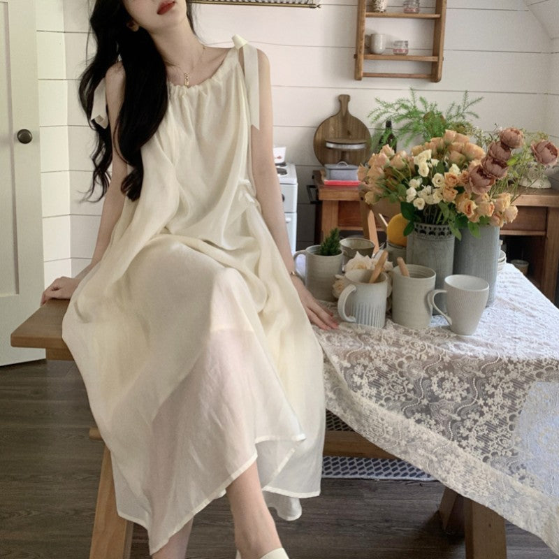 French Lazy Holiday Style Suspender Midi Dress for Women