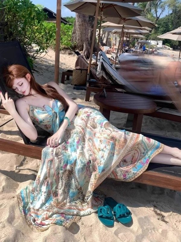 French Floral Backless Strap Beach Dress for Women