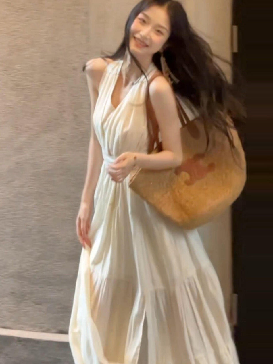 Blue Halter Strap Maxi Beach Dress for Women Summer