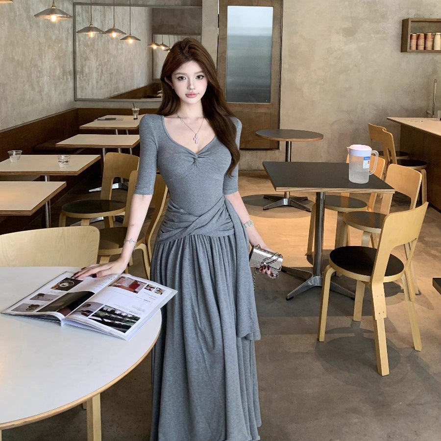 Gray Twisted V-Neck A-Line Summer Dress for Women