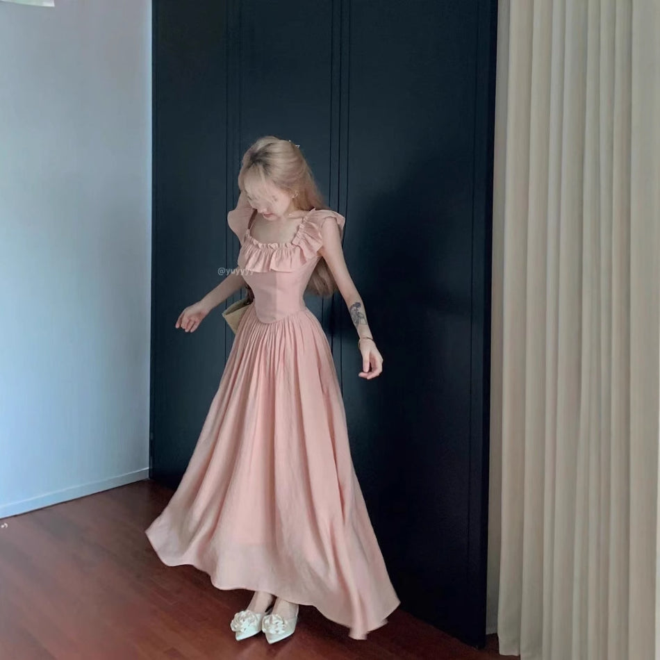 Peach Ruffle Square Neck Summer Dress for Women
