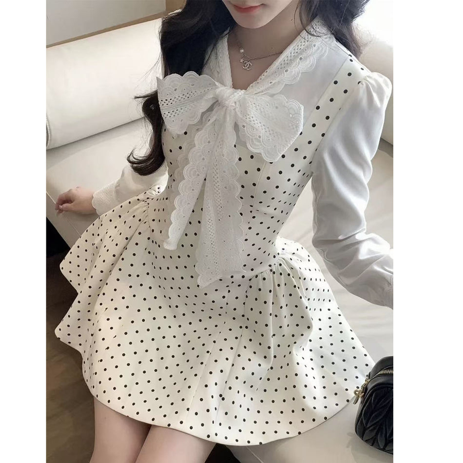 Polka Dot French Slim Long Sleeve Dress for Women