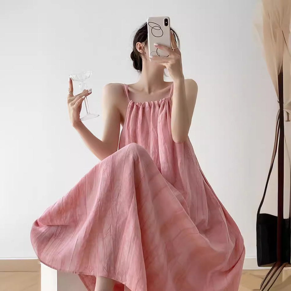 Pink Suspender Swing Maxi Dress for Women Summer