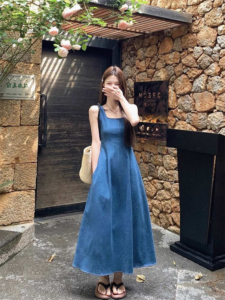 Blue Denim Strap Slim Dress for Women Summer