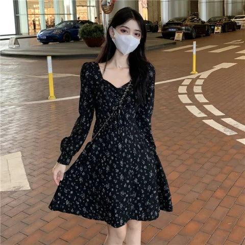 Floral French Long Sleeve Short Dress for Women
