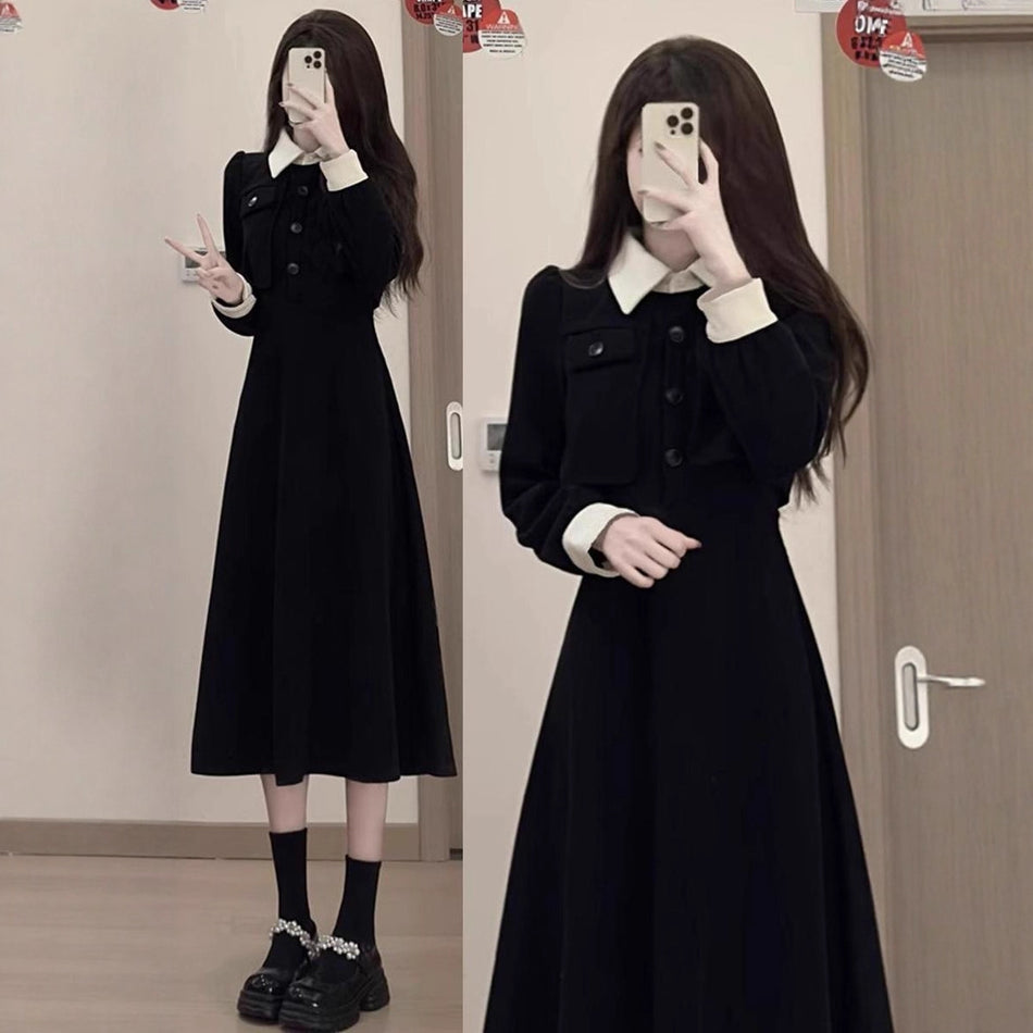 Contrasting Lapel Faux Two-Piece Dress for Women