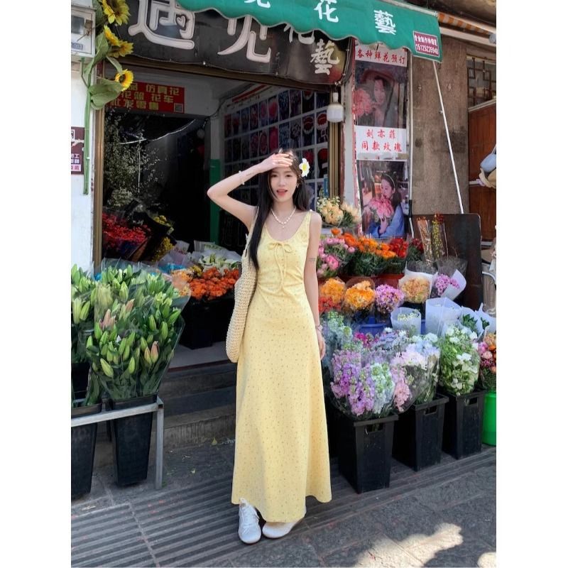 Yellow Floral Suspender A-Line Dress Women Summer