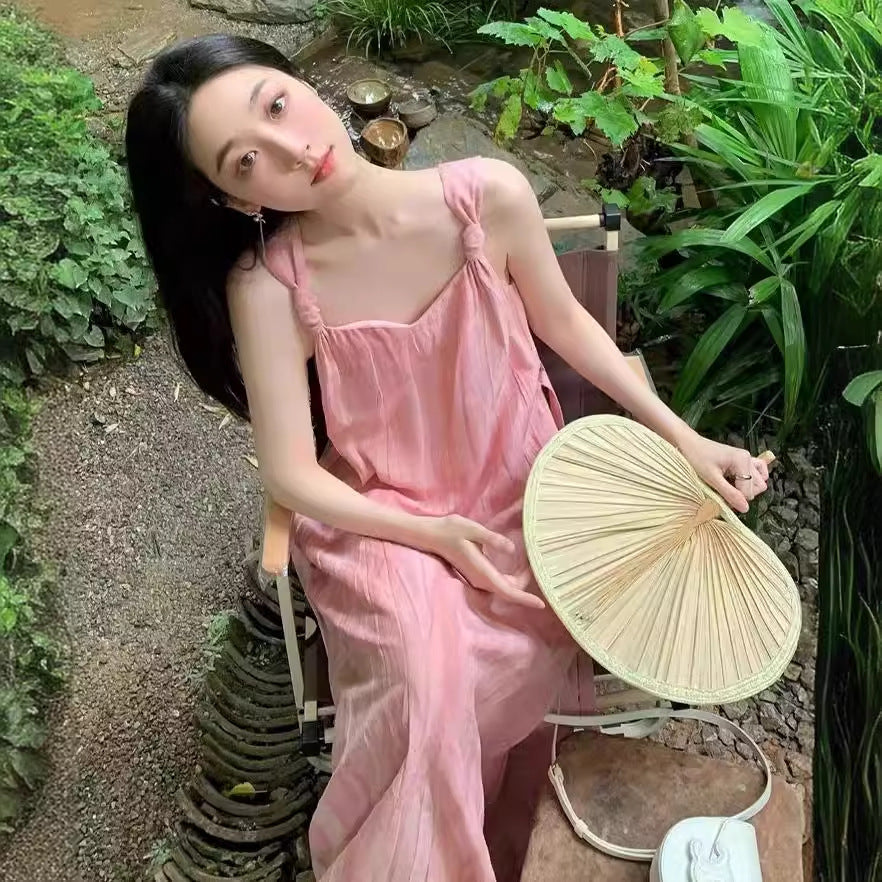 Pink Halter Lace-Up French Long Dress Women Summer