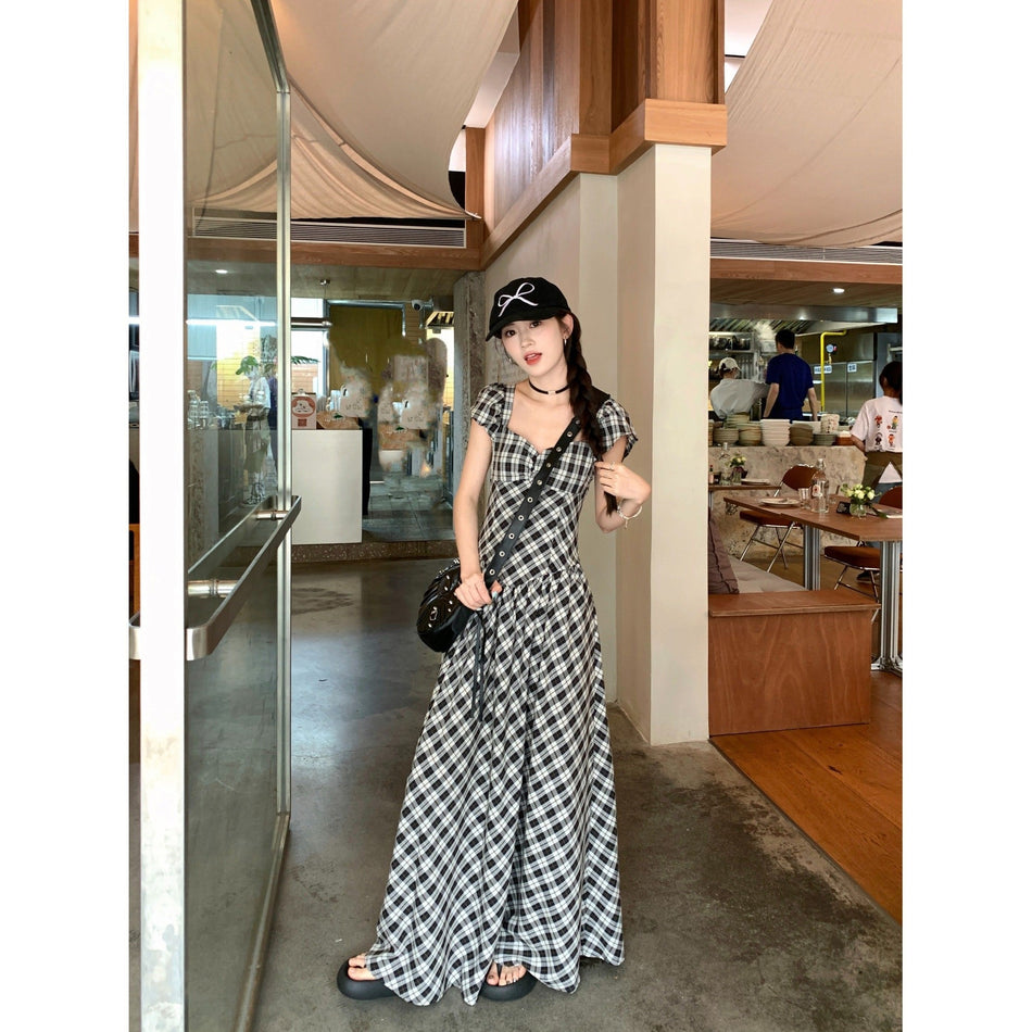 Plaid Square Collar A-Line Dress Women Summer 2026