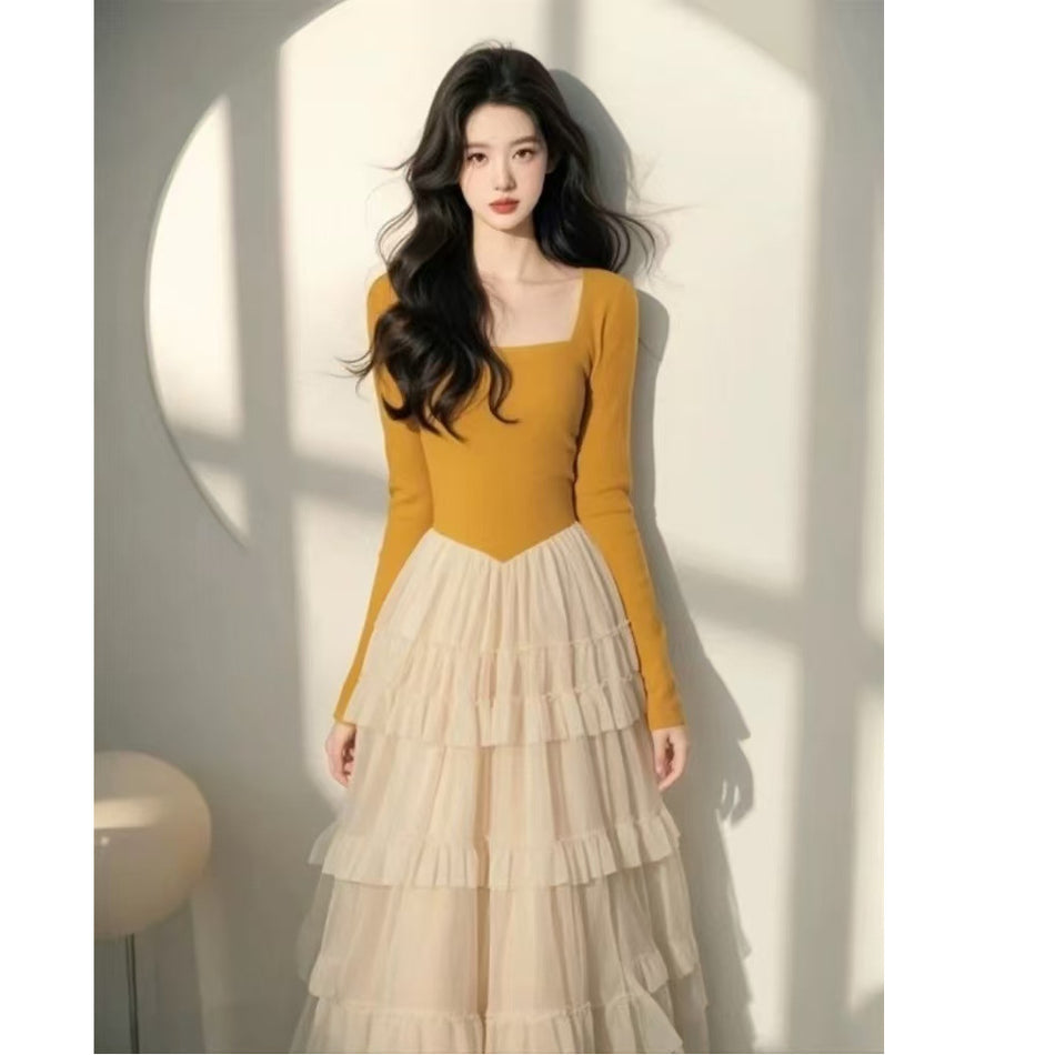 Square Neck Mesh Cake Skirt Dress Women Autumn
