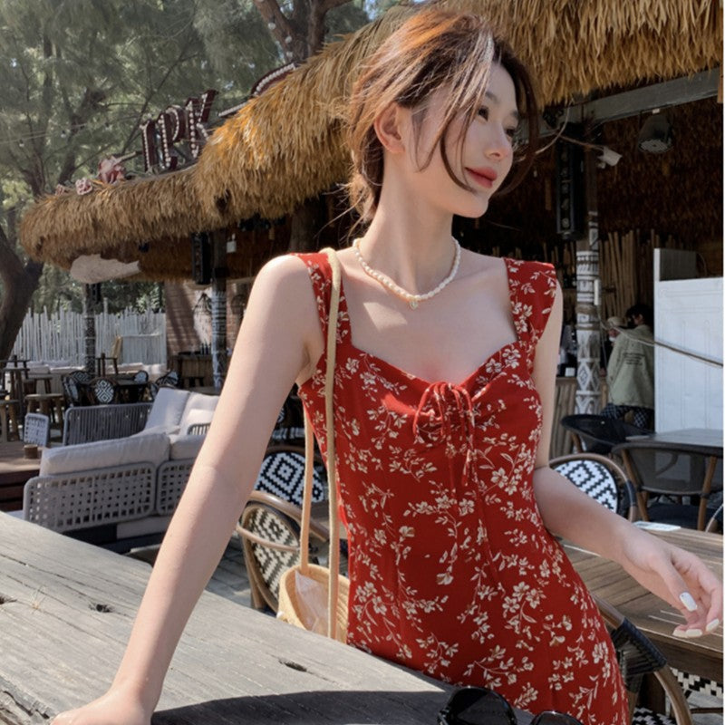 Plus Size Red Floral Sling Dress Women Elegant Fairy