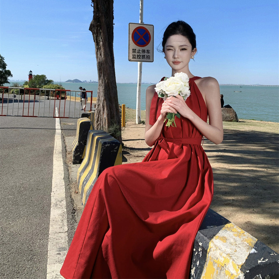 French Red Sling Summer Seaside Long Dress Women Elegant