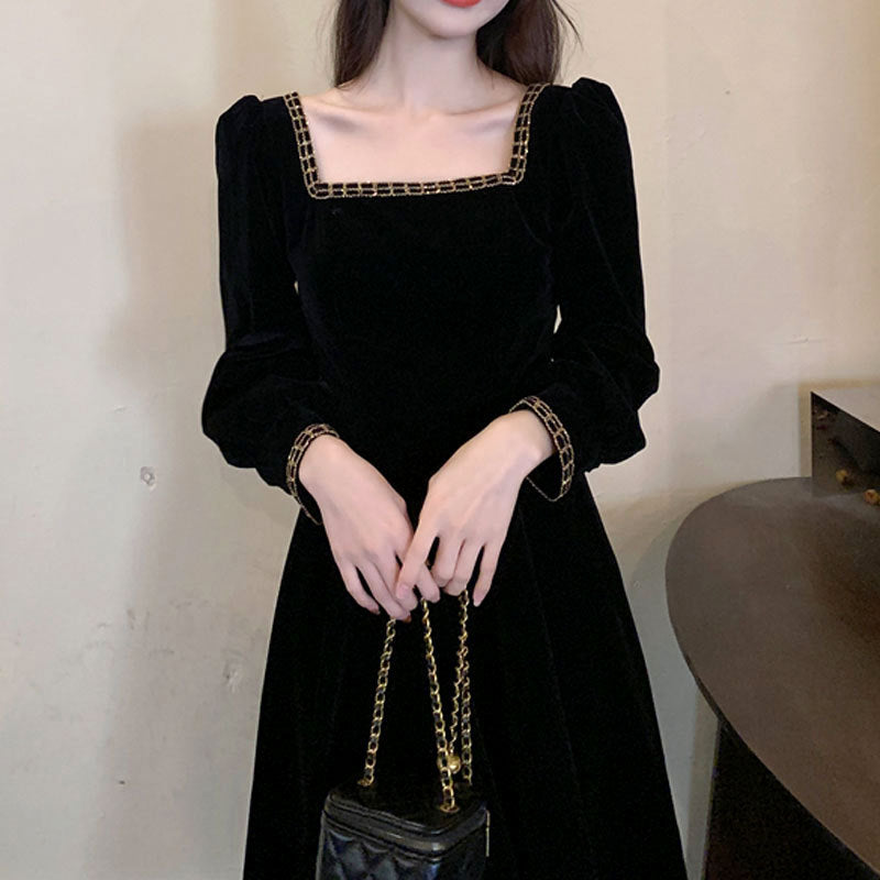 French Velvet Square Collar A-Line Dress Elegant Women