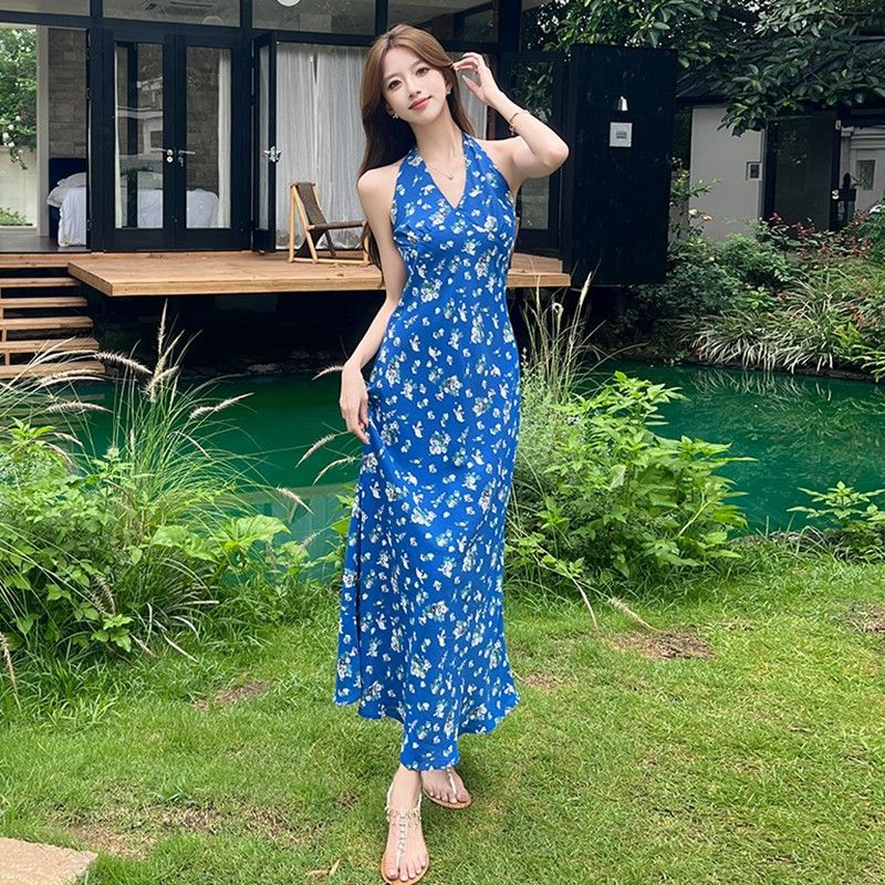 French Blue Halter Floral Dress Elegant Summer Women