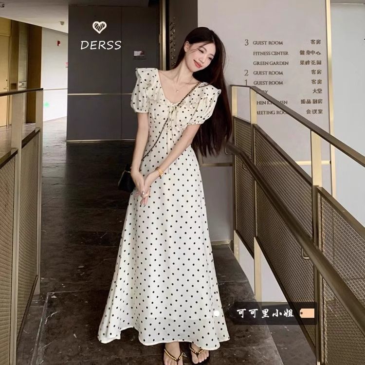 French Polka Dot Puff Sleeve Long Dress Elegant Women
