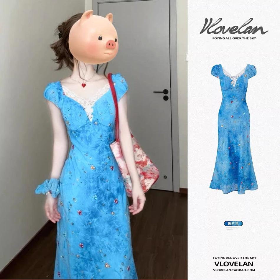Capri Blue Lace Slim Dress Elegant Summer Women
