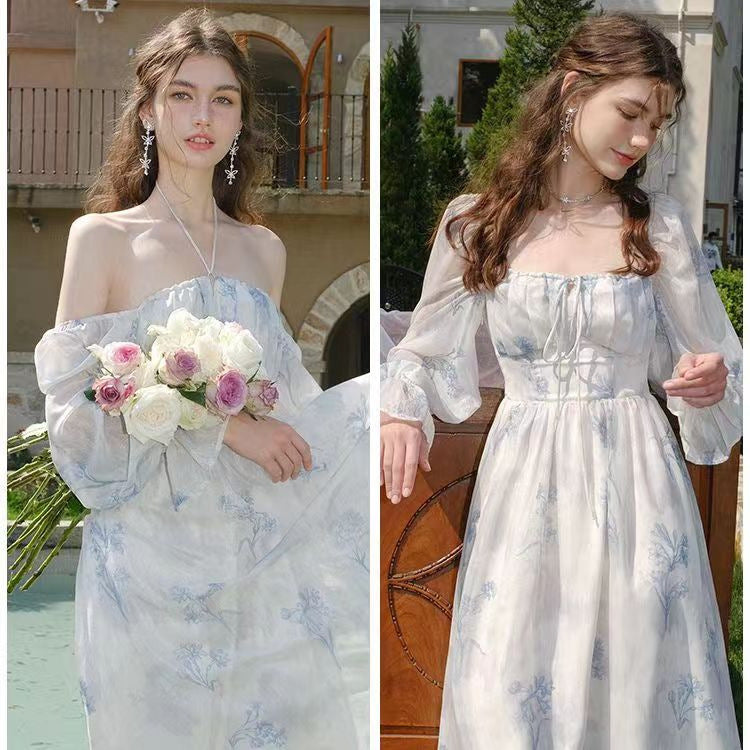 French Square Collar Printed Tea Dress Elegant Women