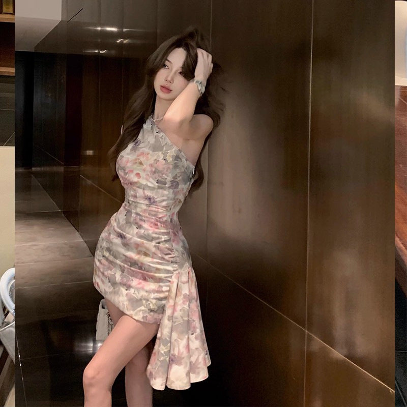 French Floral One-Shoulder Short Dress Elegant Women