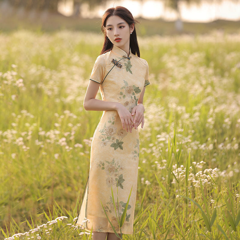 Elegant Cheongsam Midi Dress Retro Floral Women 2025