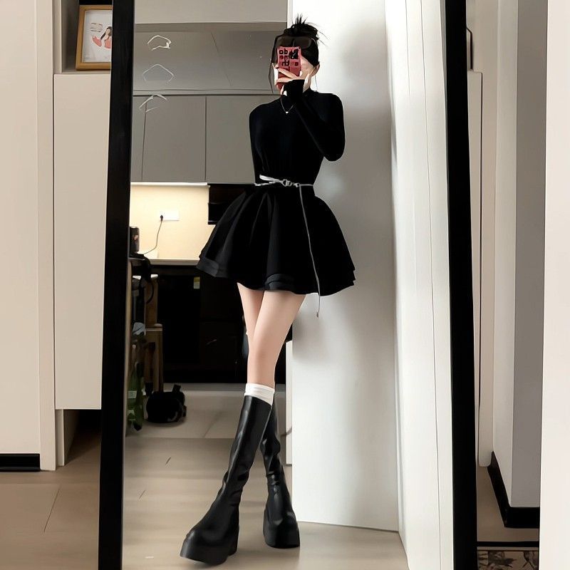 Black Slim Puffy Princess Dress Elegant Winter Women