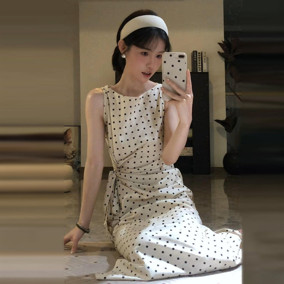 French Polka Dot Sleeveless Midi Dress Elegant Women